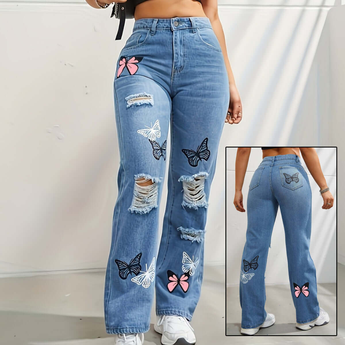 Trendy Butterfly Print Ripped Distressed High Waisted Straight Leg Jeans