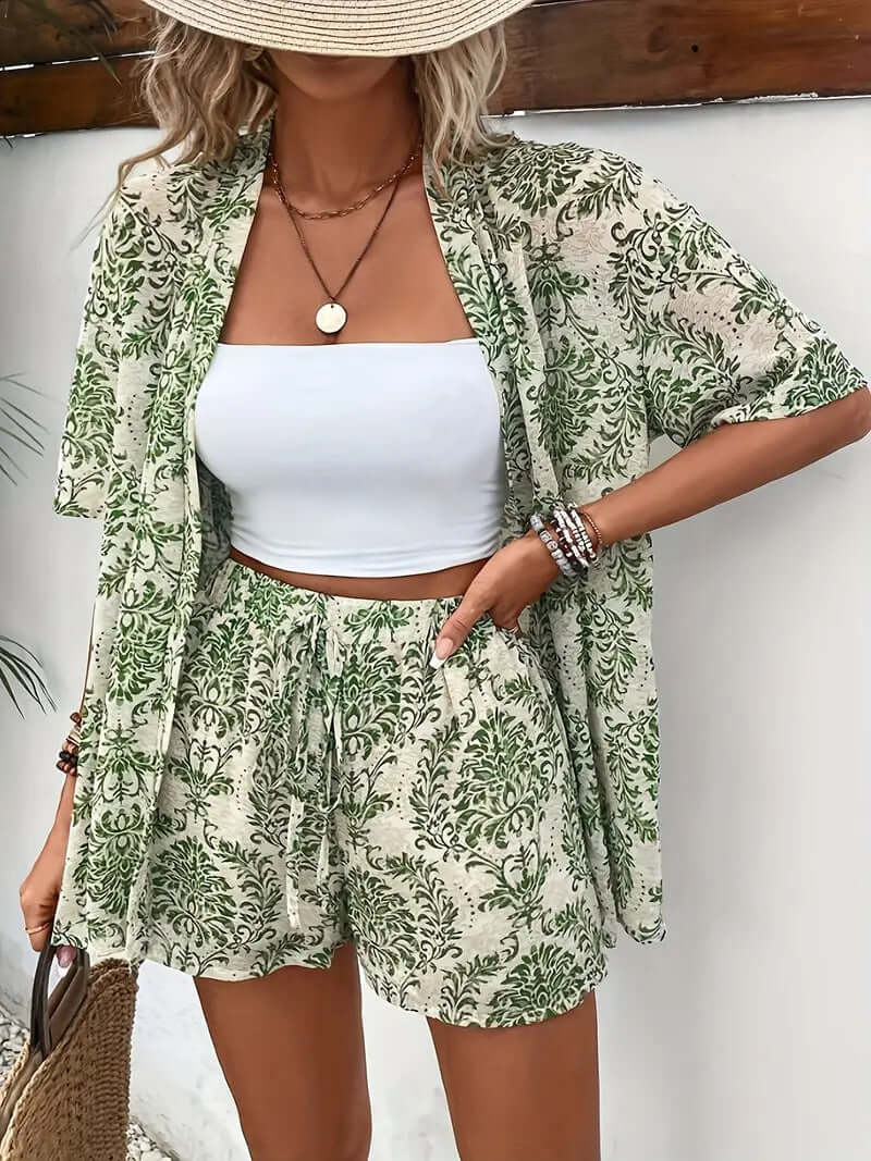 Holiday Floral Print Elegant Two Piece Shirt Short Sleeve Top Drawstring High Waist Shorts